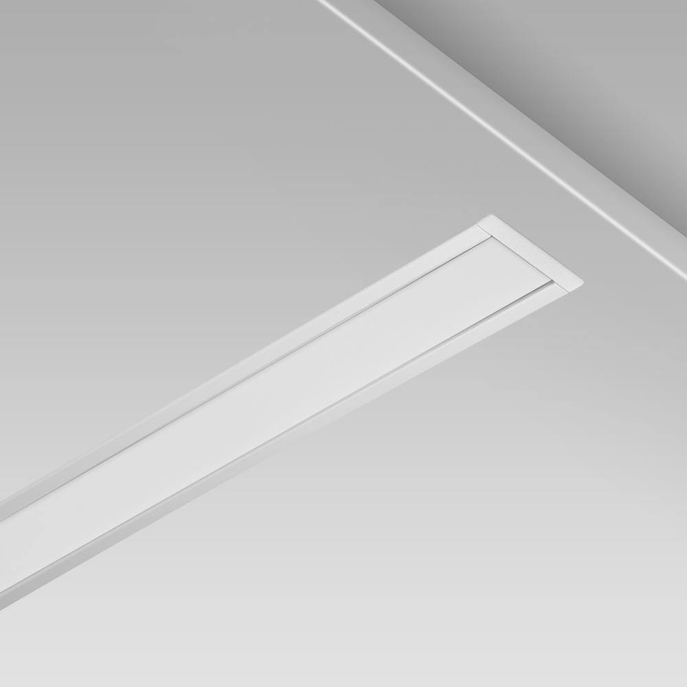 Apparecchio da incasso a soffitto dal design lineare, minimal ed elegante, per l'illuminazione di interni, con ottica comfort